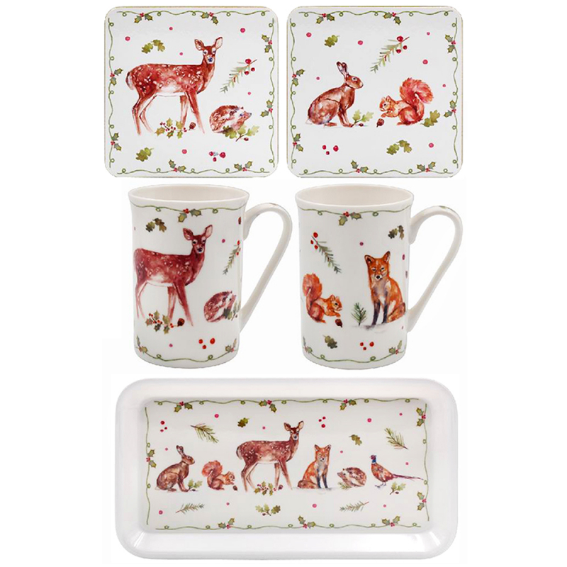 Christmas Winter Forest  5 Piece gift set - Tray, 2 Mugs & 2 coasters