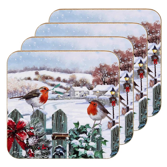 Christmas Robins Scene Coasters - Set of 4 Robin Coasters