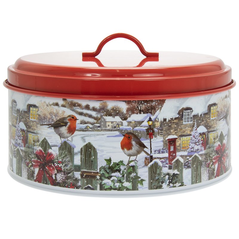 Christmas Robins Round Enamel Metal Cake Tin Baking Storage Container 