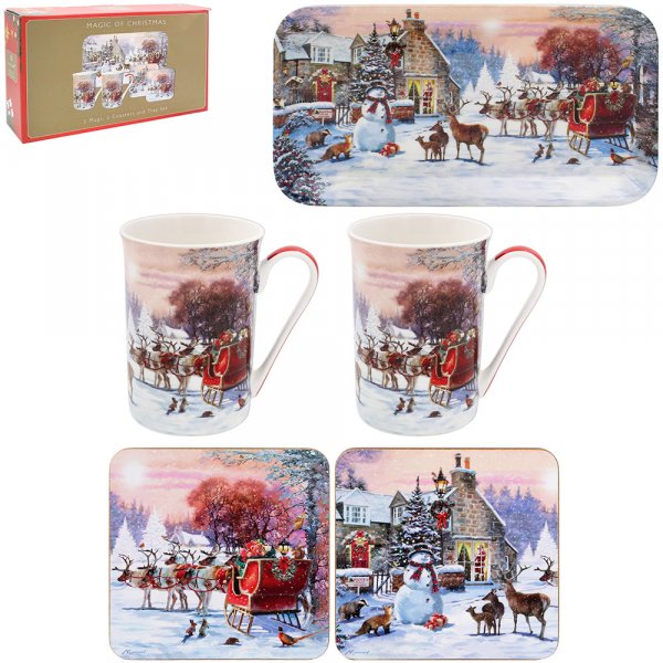 Magic of Christmas 5 Piece gift set - Tray, 2 Mugs & 2 Coasters