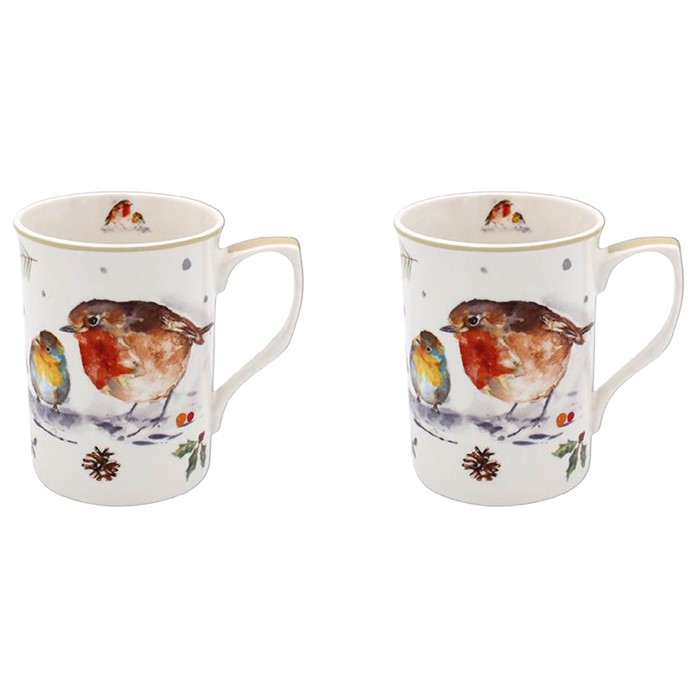 Winter Robins Set of 2 Fine China Mugs - Gift Boxed