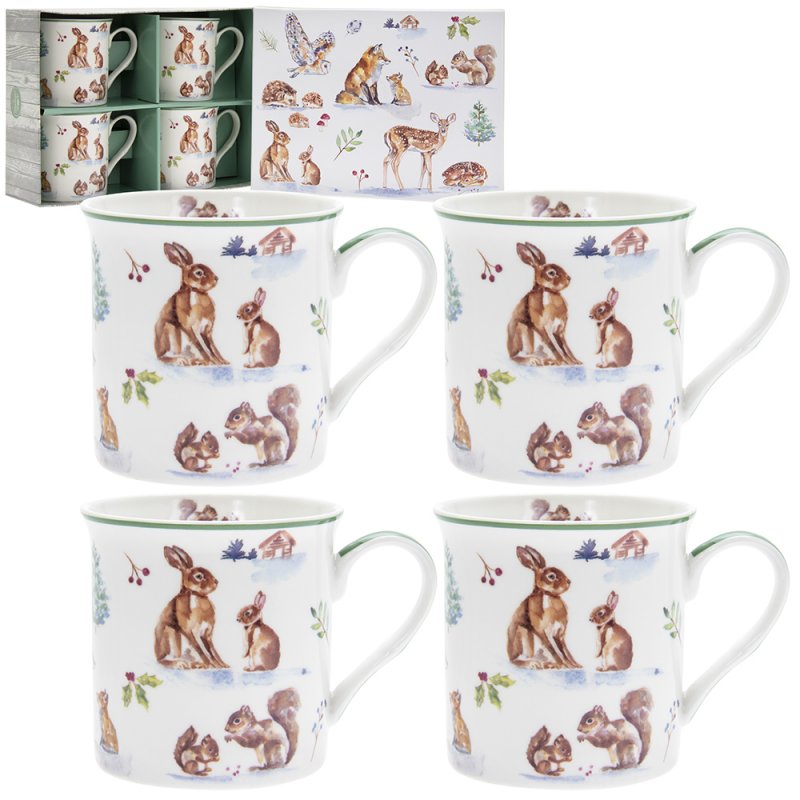 Christmas Winter Forest Set of 4 Fine China Mugs - Gift Boxed