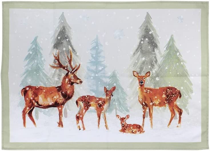 Forest Family Stag and Deer Cotton Tea Towel Festive Print