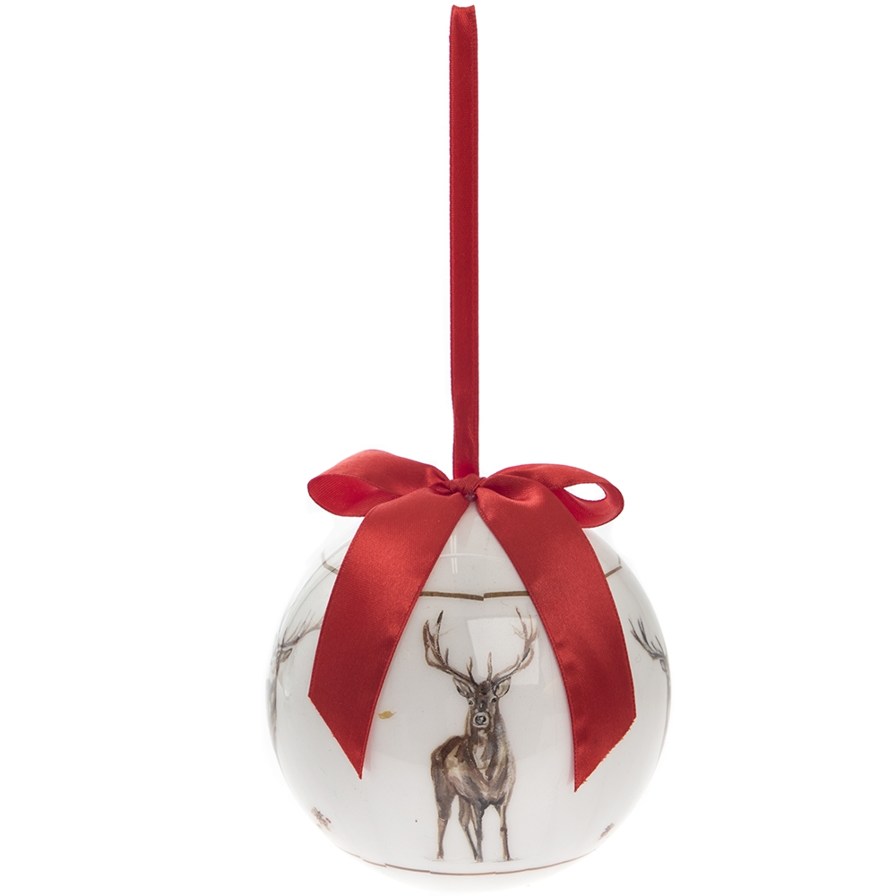 Winter Stag Large Christmas Bauble - Red Ribbon Stags Bauble Gift Boxed