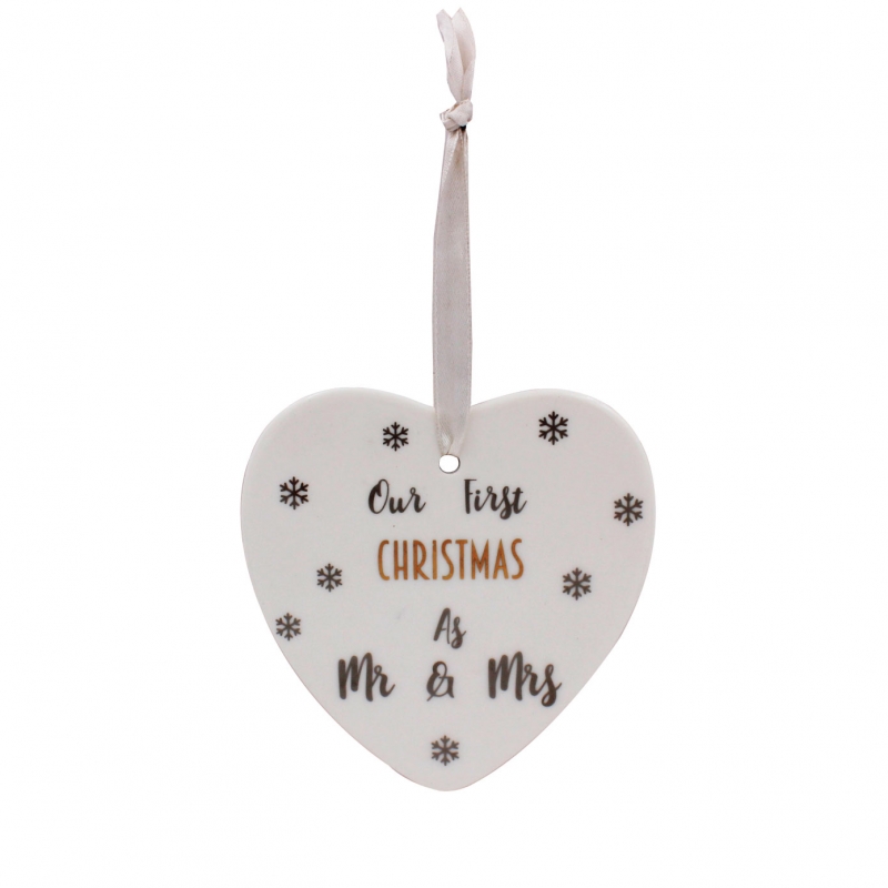 Our First Christmas as Mr & Mrs Hanging Ceramic Heart - Wedding/Christmas Gift