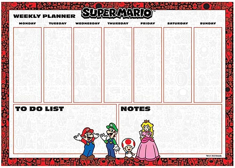 Super Mario Characters A4 Weekly Calendar Planner Desk Organiser Pad