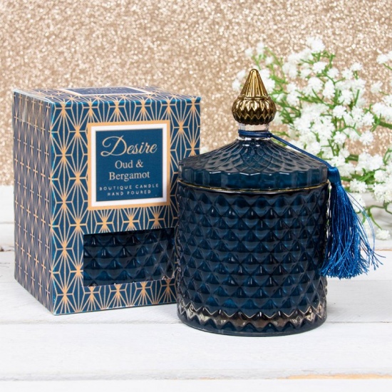Desire Oud & Bergamot Soy Blue & Gold Tassel Glass Jar Boutique Candle Boxed