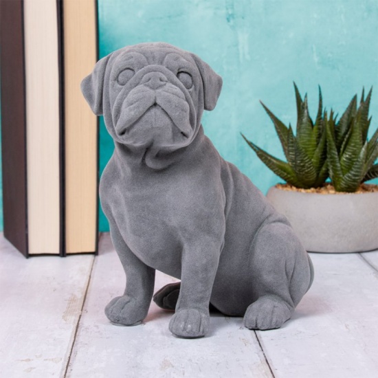 Pug Dog Grey Velveteen Sitting Ornament Figurine 19cm Tall