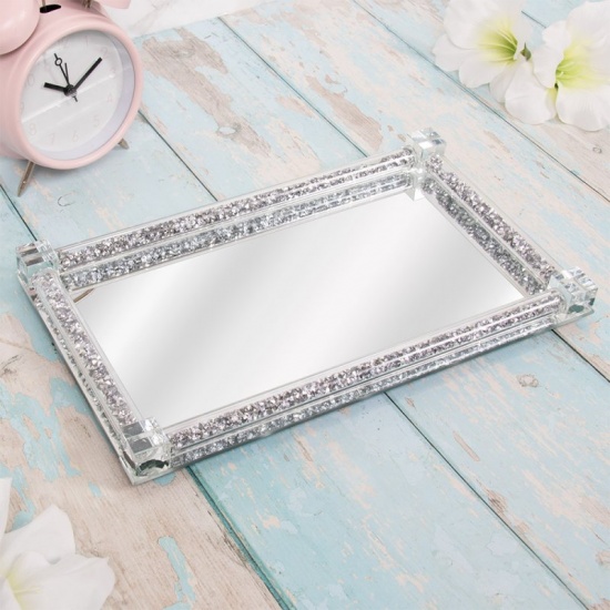 Crushed Crystal Diamond Trim Mirrored Candle Plate Tray