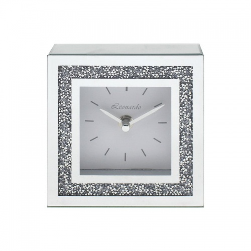 Crushed Diamond Crystal Sparkly Silver Mirrored Glass Square Mantel Clock 14cm
