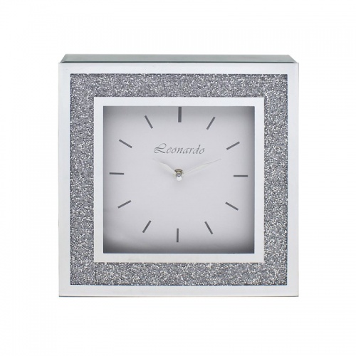 Crushed Diamond Crystal Sparkly Silver Mirrored Glass Square Mantel Clock Large 20cm