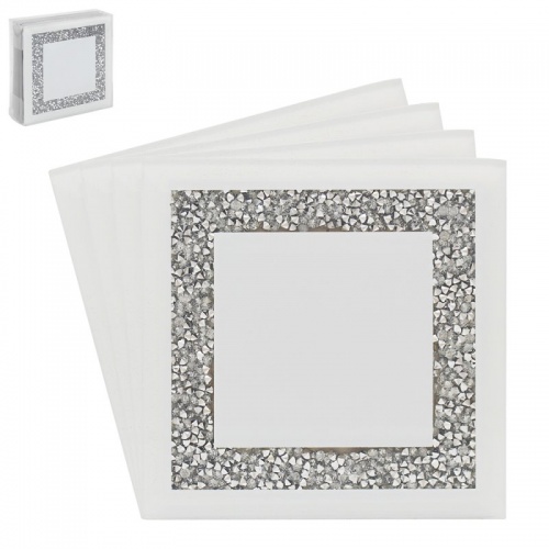White Crushed Crystal Diamante Mirrored Glass Coasters Set of 4