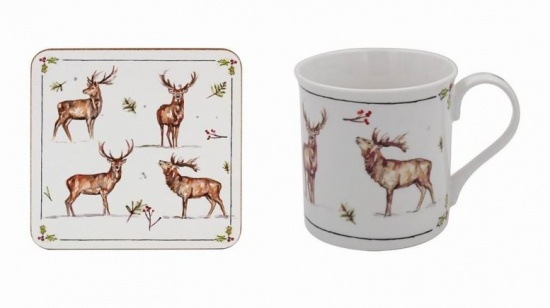 Winter Stags Christmas Mug and Coaster Set - Boxed Set fine bone china mug set