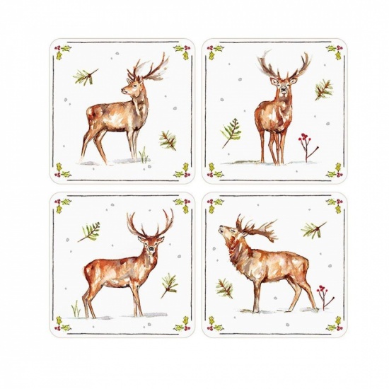 Winter Christmas Stags Print Coasters - Set of 4