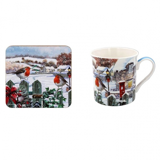Festive Robin Christmas Mug and Coaster Set - Boxed Set fine bone china mug set