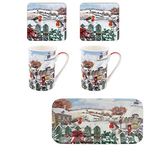 Christmas Robins 5 Piece gift set - Tray, 2 Mugs & 2 coasters
