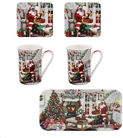 Santa Claus Christmas 5 Piece gift set - Tray, 2 Mugs & 2 Coasters