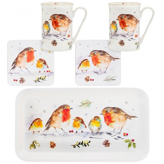 Winter Festive Robins 5 Piece gift set - Tray, 2 Mugs & 2 coasters