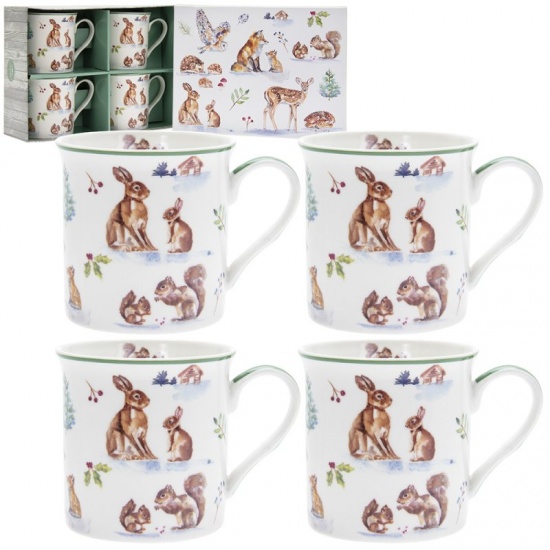 Christmas Winter Forest Set of 4 Fine China Mugs - Gift Boxed