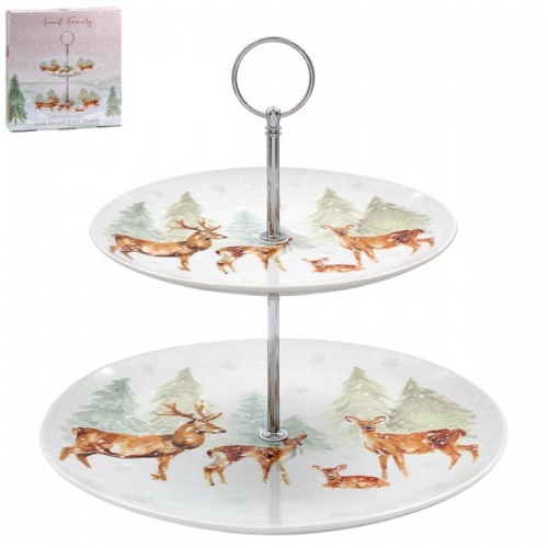 Forest Family Stag and Deer 2 Tier China Cake Stand Festive Scene