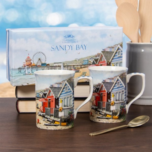 Sandy Bay Set of 2 Fine China Mugs - Gift Boxed Beach Seaside Nautical