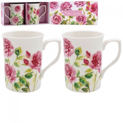 Rose Garden Pink Floral Set Of 2 Fine China Mugs