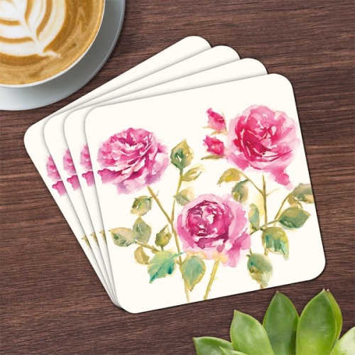 Rose Garden Pink Roses Floral Set Of 4 Coasters