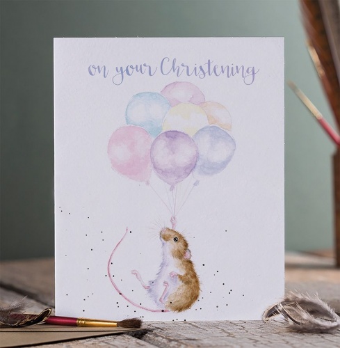 Wrendale Designs On Your Christening Card Hold on Tight Mouse with Balloons