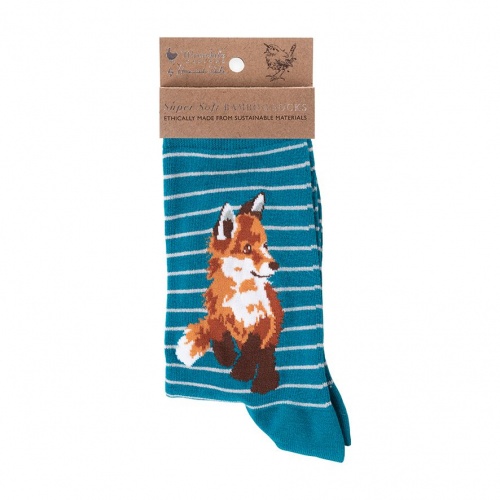 Wrendale Born To Be Wild Fox Teal Striped Bamboo Socks