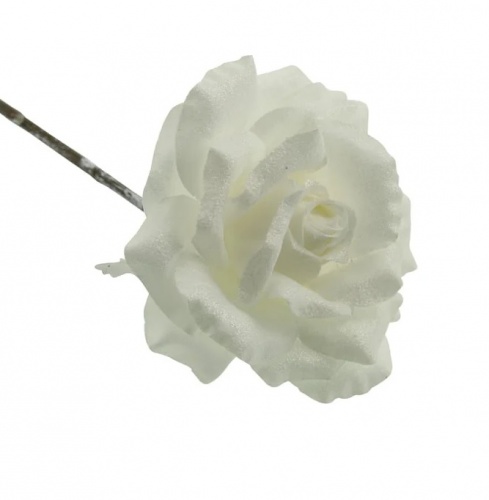 White Frosted Rose Stem 42cm Christmas Large Glitter Pick Foliage Floristry