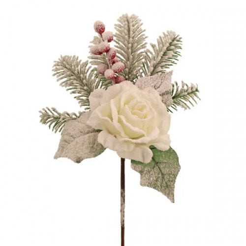 White Rose Pine Spray with Snow 30cm Christmas Pick Foliage Floristry