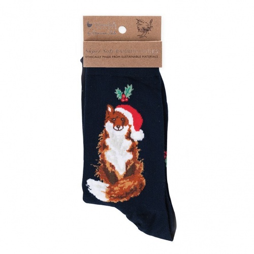 Wrendale Festive Fox Navy Bamboo Womens Christmas Socks with Gift Bag